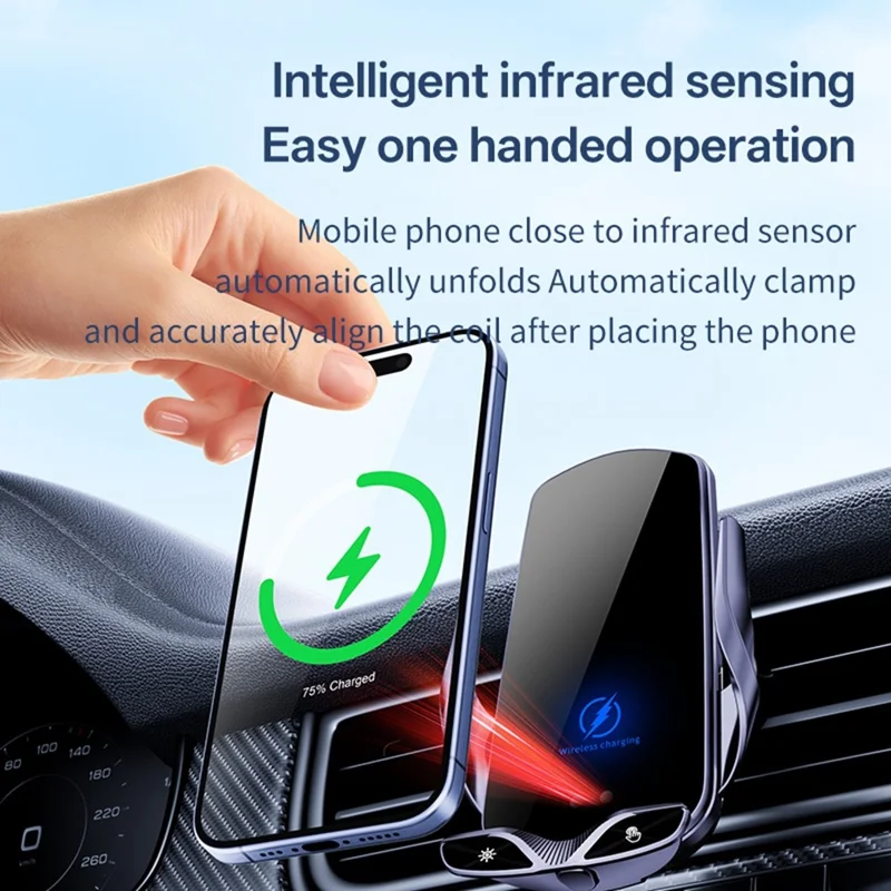 SD30 15W Car Wireless Charging Phone Holder 360° Rotation Smart Infrared Auto-Clamping Navigation Mount - Black