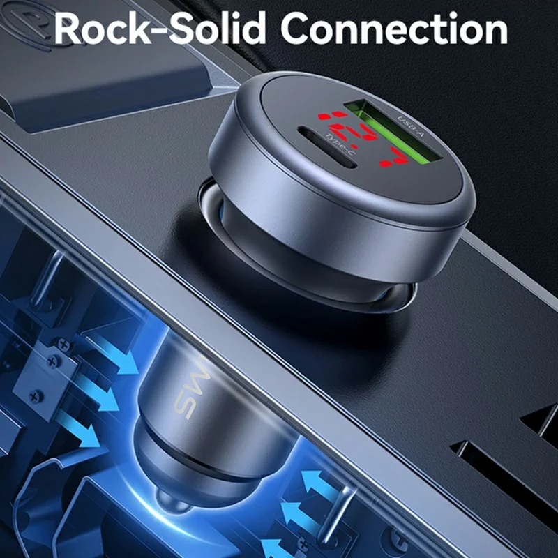 USAMS CC327 C44 USB-A + Type-C Dual Port Car Charger 45W Fast Charging Aluminum Alloy Power Adapter with Voltage Display