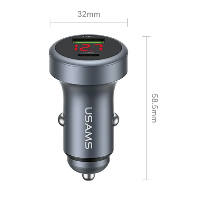 USAMS CC327 C44 USB-A + Type-C Dual Port Car Charger 45W Fast Charging Aluminum Alloy Power Adapter with Voltage Display