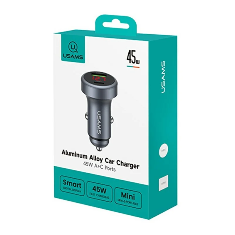 USAMS CC327 C44 USB-A + Type-C Dual Port Car Charger 45W Fast Charging Aluminum Alloy Power Adapter with Voltage Display
