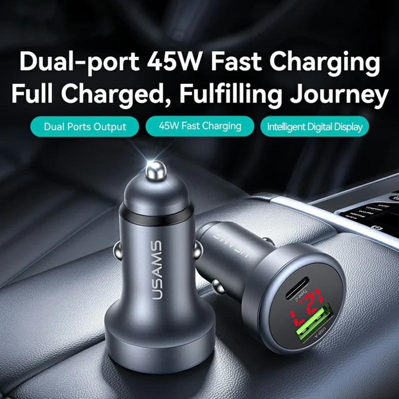 USAMS CC327 C44 USB-A + Type-C Dual Port Car Charger 45W Fast Charging Aluminum Alloy Power Adapter with Voltage Display