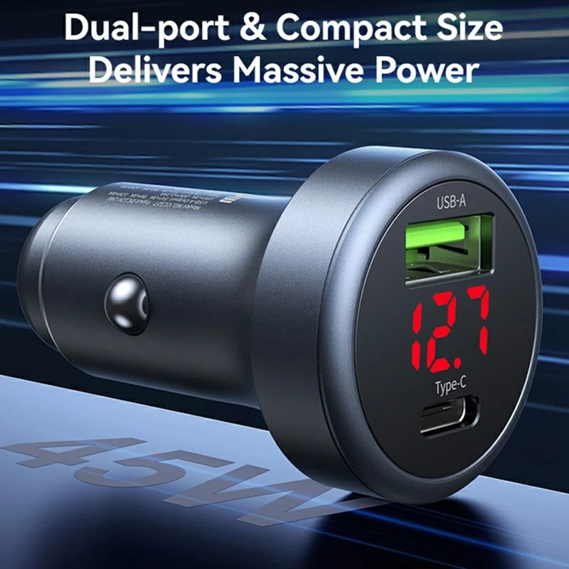 USAMS CC327 C44 USB-A + Type-C Dual Port Car Charger 45W Fast Charging Aluminum Alloy Power Adapter with Voltage Display