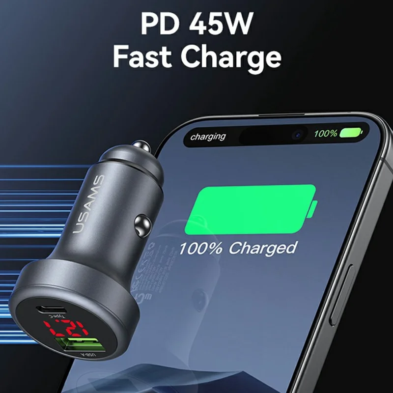 USAMS CC327 C44 USB-A + Type-C Dual Port Car Charger 45W Fast Charging Aluminum Alloy Power Adapter with Voltage Display
