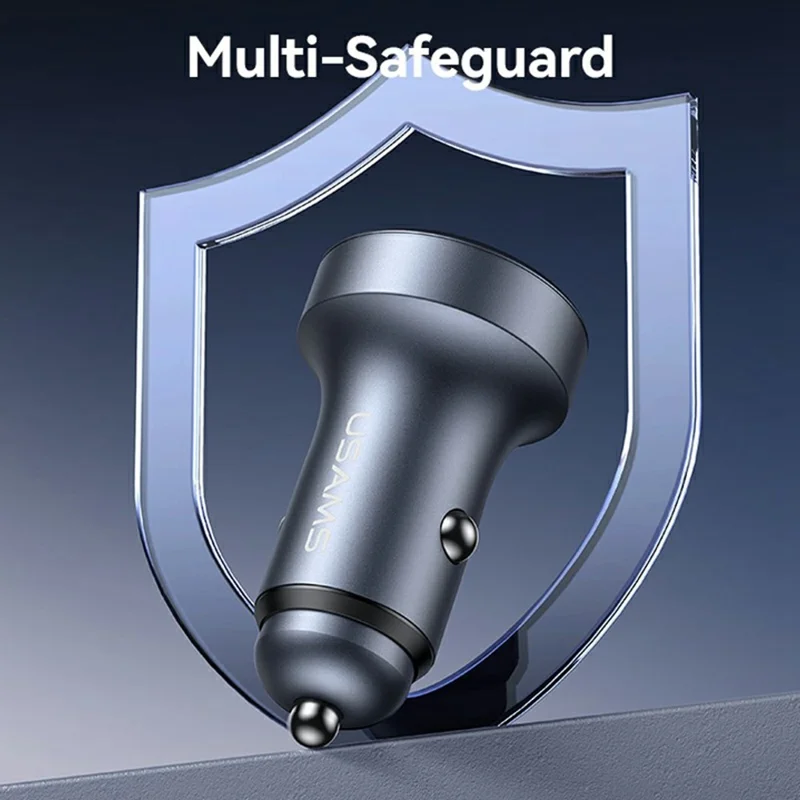 USAMS CC327 C44 USB-A + Type-C Dual Port Car Charger 45W Fast Charging Aluminum Alloy Power Adapter with Voltage Display