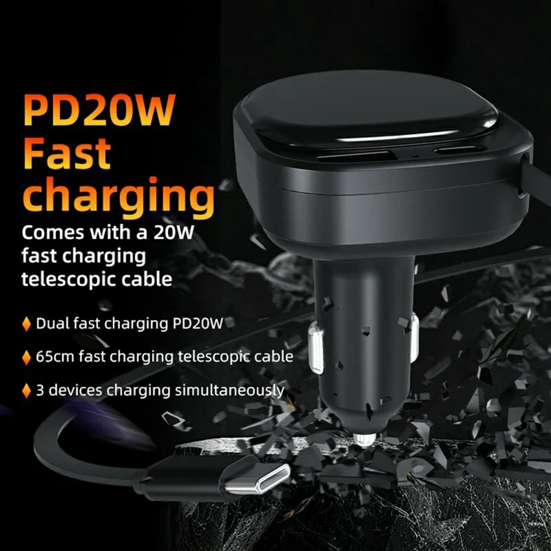 Chargeur de voiture K8 USB-A + USB-C double port PD 20 W + chargeur rapide QC 18 W avec câble Type C escamotable - Noir