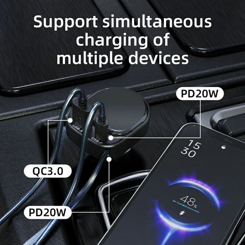 Chargeur de voiture K8 USB-A + USB-C double port PD 20 W + chargeur rapide QC 18 W avec câble Type C escamotable - Noir