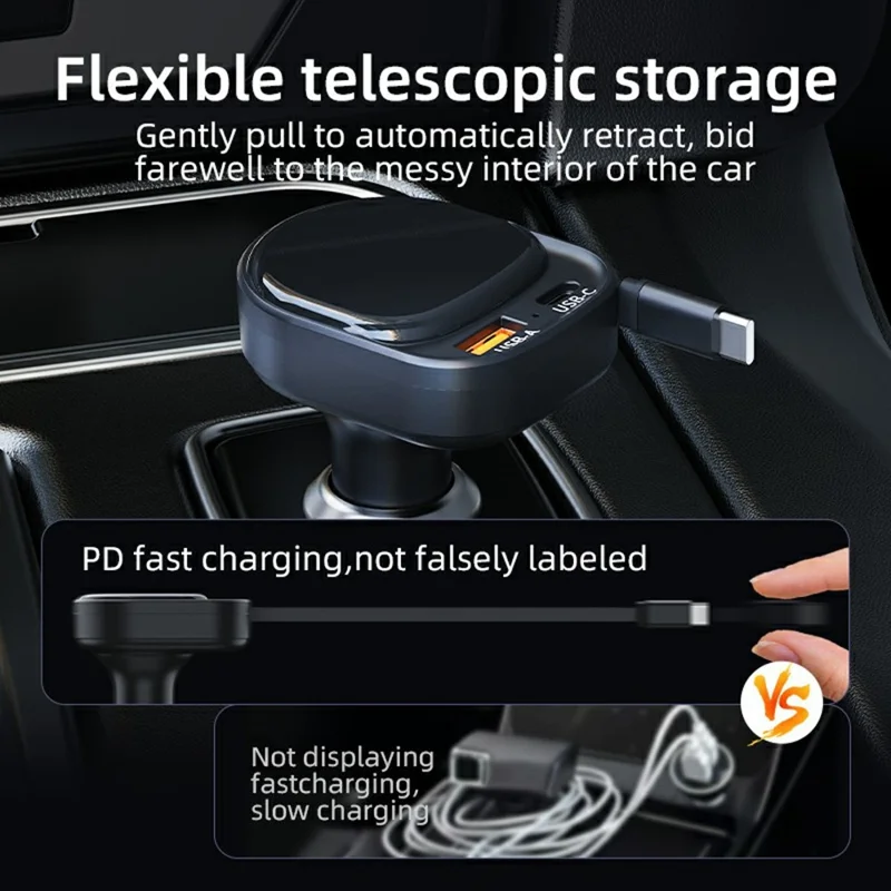 Chargeur de voiture K8 USB-A + USB-C double port PD 20 W + chargeur rapide QC 18 W avec câble Type C escamotable - Noir