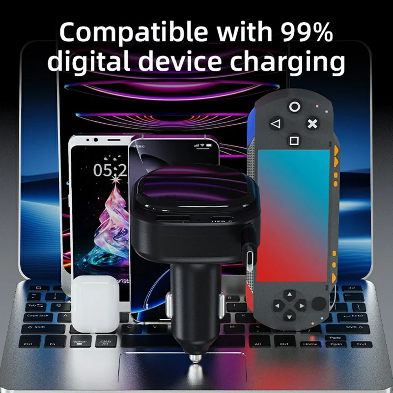 Chargeur de voiture K8 USB-A + USB-C double port PD 20 W + chargeur rapide QC 18 W avec câble Type C escamotable - Noir