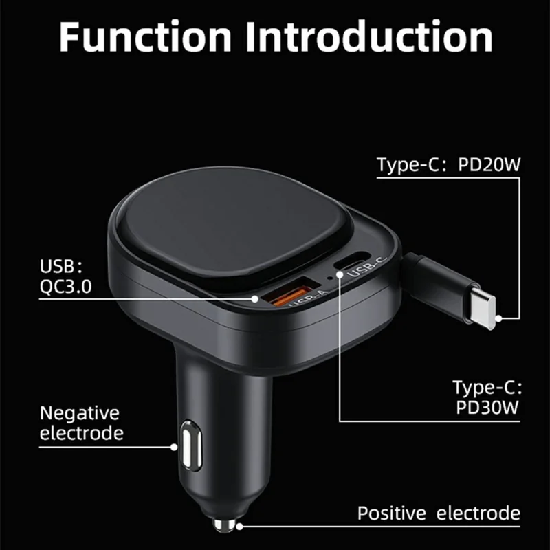 Chargeur de voiture K8 USB-A + USB-C double port PD 20 W + chargeur rapide QC 18 W avec câble Type C escamotable - Noir