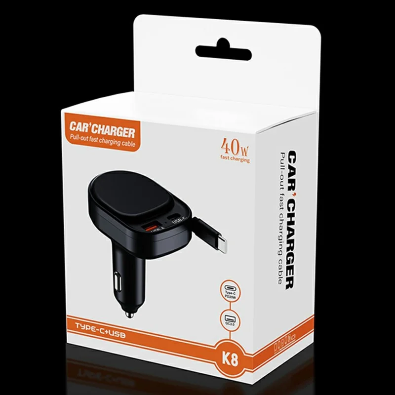 Chargeur de voiture K8 USB-A + USB-C double port PD 20 W + chargeur rapide QC 18 W avec câble Type C escamotable - Noir