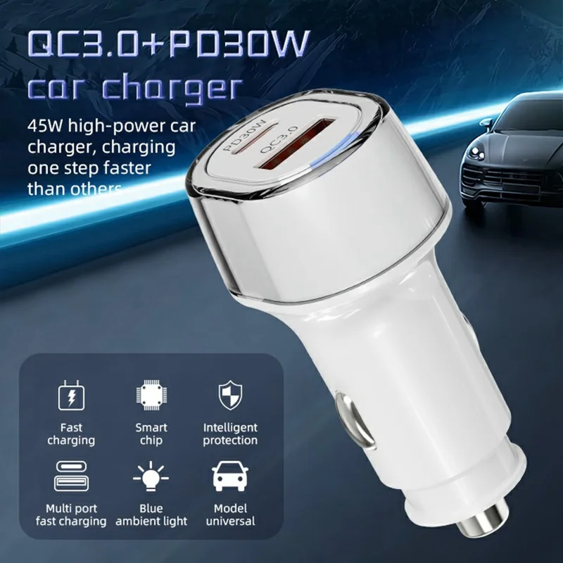 A6 USB + Type-C Dual Port-biloplader QC3.0 + PD 30W hurtigoplader med omgivelseslys til telefon / tablet