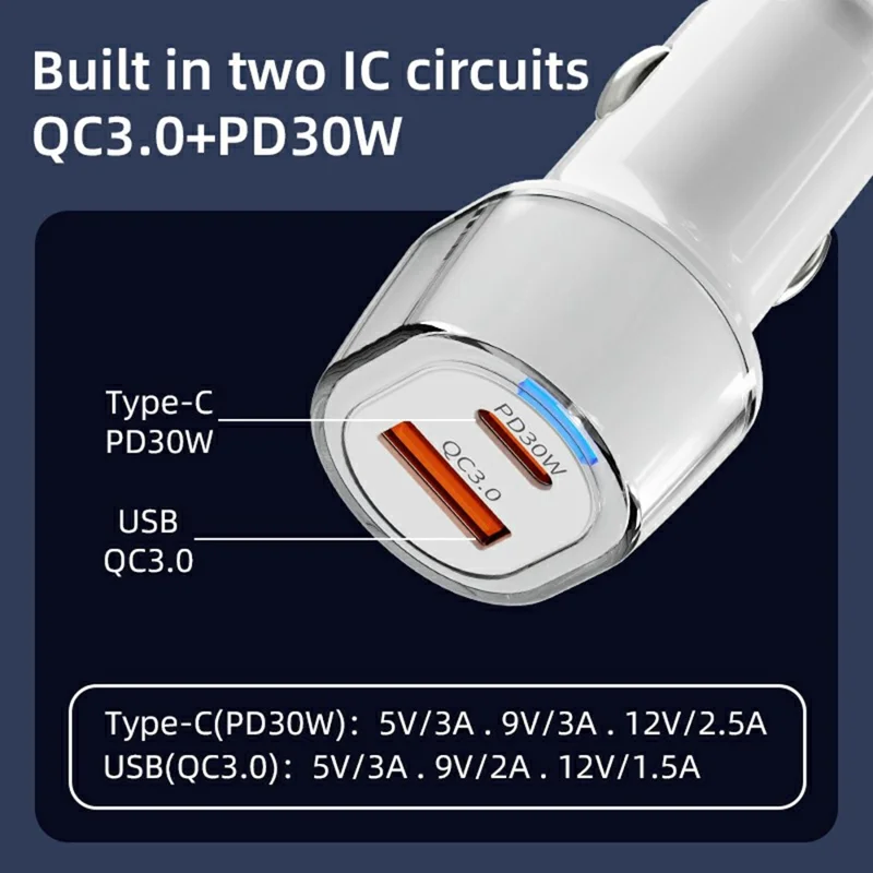 A6 USB + Type-C Dual Port-biloplader QC3.0 + PD 30W hurtigoplader med omgivelseslys til telefon / tablet