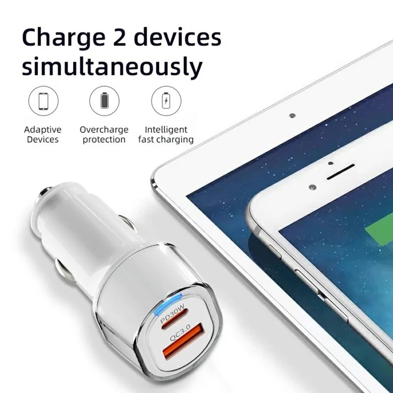 A6 USB + Type-C Dual Port-biloplader QC3.0 + PD 30W hurtigoplader med omgivelseslys til telefon / tablet
