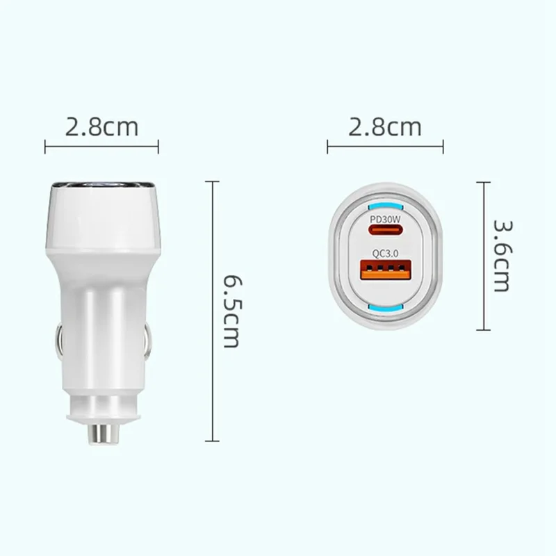 A6 USB + Type-C Dual Port-biloplader QC3.0 + PD 30W hurtigoplader med omgivelseslys til telefon / tablet