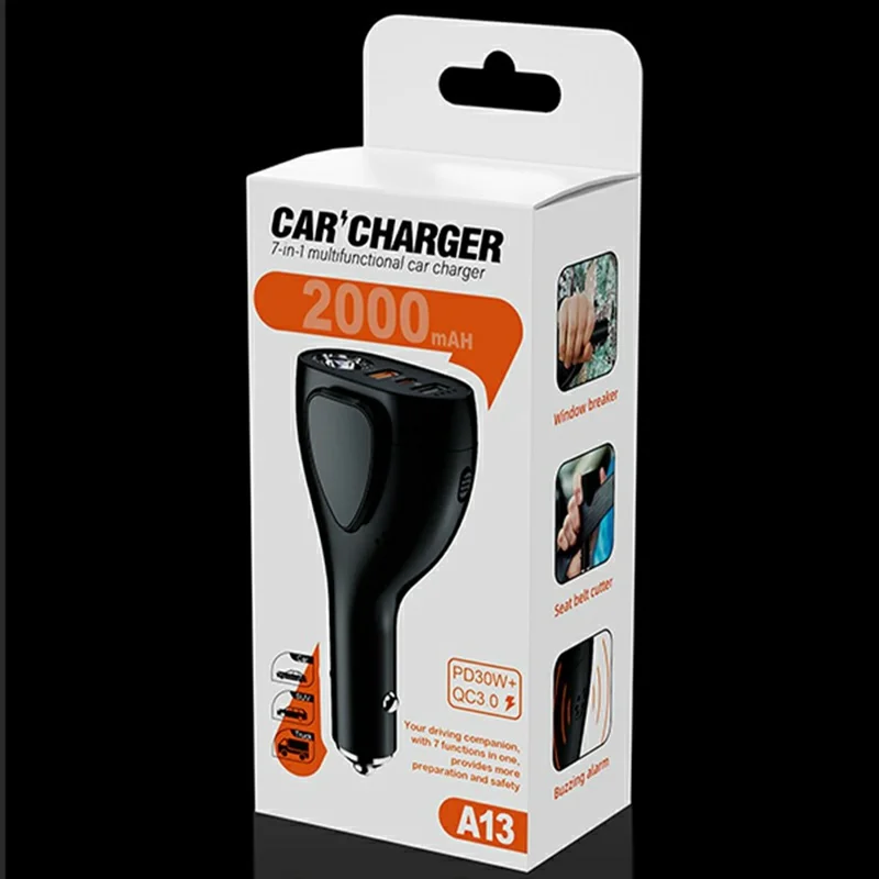 A13 multifunktionales QC3.0-Autoladegerät Notfall-Tool Sicherheitshammer Sicherheitsgurt-Schneider mit LED-Taschenlampe 2000 mAh Powerbank