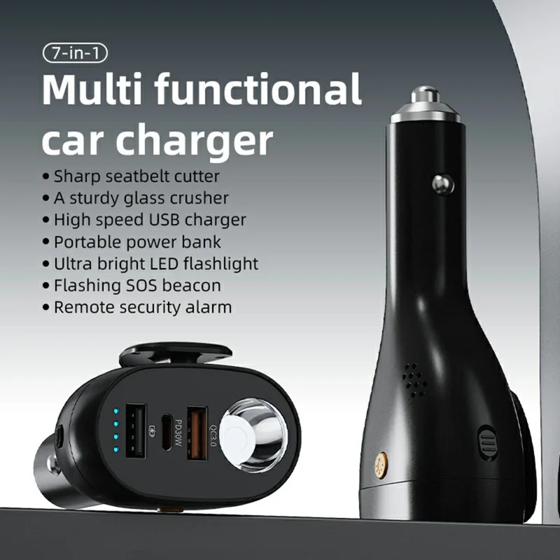 A13 multifunktionales QC3.0-Autoladegerät Notfall-Tool Sicherheitshammer Sicherheitsgurt-Schneider mit LED-Taschenlampe 2000 mAh Powerbank