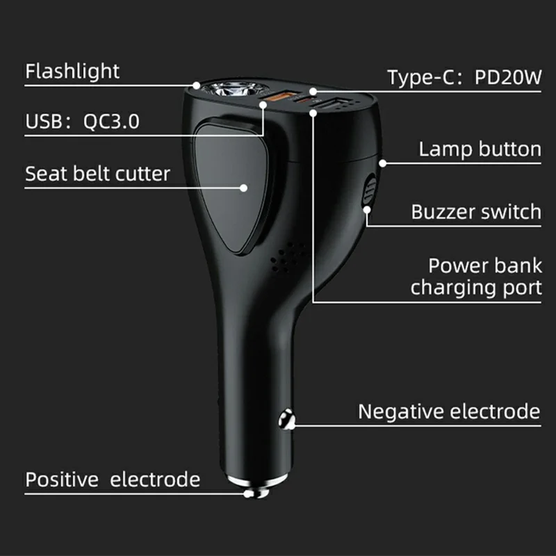 A13 multifunktionales QC3.0-Autoladegerät Notfall-Tool Sicherheitshammer Sicherheitsgurt-Schneider mit LED-Taschenlampe 2000 mAh Powerbank