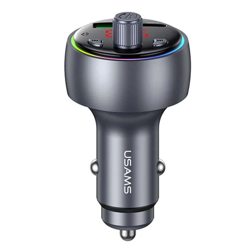 USAMS CC328 30W USB-A + Type-C Carregador para Carro com Visor Digital Bluetooth FM com Luz Ambiente RGB - Tarnish
