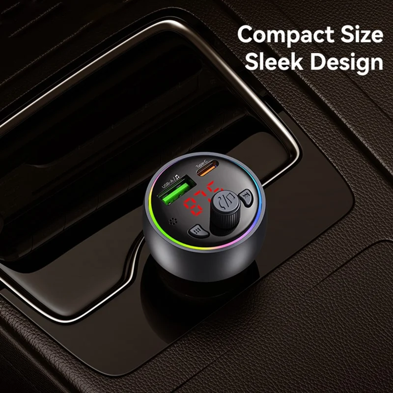 USAMS CC328 30W USB-A + Type-C Carregador para Carro com Visor Digital Bluetooth FM com Luz Ambiente RGB - Tarnish