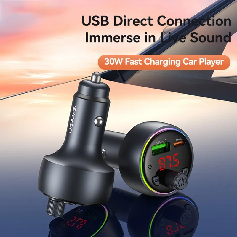 USAMS CC328 30W USB-A + Type-C Carregador para Carro com Visor Digital Bluetooth FM com Luz Ambiente RGB - Tarnish
