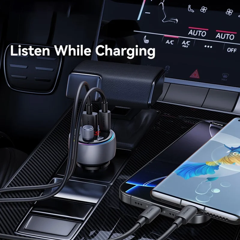 USAMS CC328 30W USB-A + Type-C Carregador para Carro com Visor Digital Bluetooth FM com Luz Ambiente RGB - Tarnish