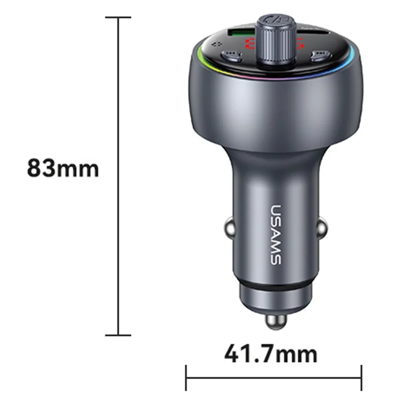 USAMS CC328 30W USB-A + Type-C Carregador para Carro com Visor Digital Bluetooth FM com Luz Ambiente RGB - Tarnish