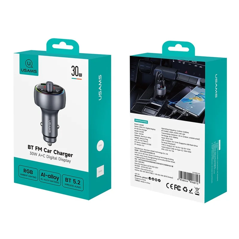 USAMS CC328 30W USB-A + Type-C Carregador para Carro com Visor Digital Bluetooth FM com Luz Ambiente RGB - Tarnish