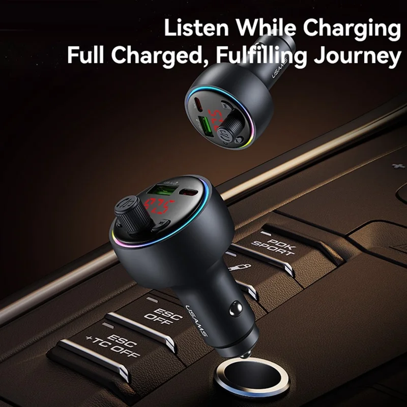 USAMS CC328 30W USB-A + Type-C Carregador para Carro com Visor Digital Bluetooth FM com Luz Ambiente RGB - Tarnish