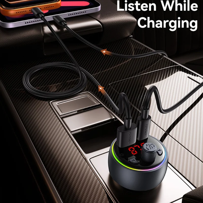 USAMS CC328 30W USB-A + Type-C Carregador para Carro com Visor Digital Bluetooth FM com Luz Ambiente RGB - Tarnish