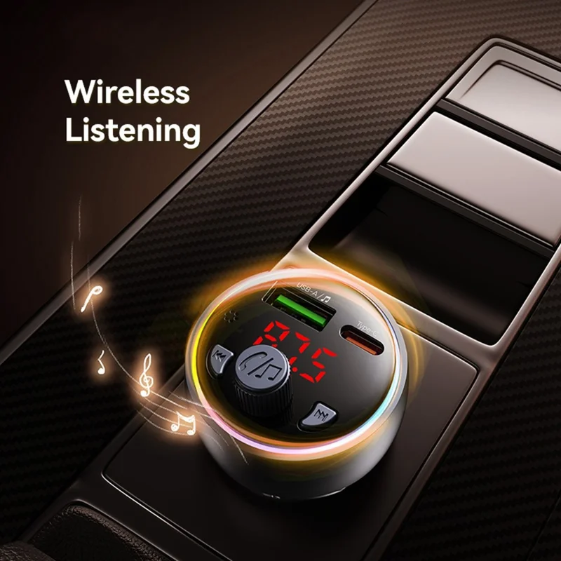 USAMS CC328 30W USB-A + Type-C Carregador para Carro com Visor Digital Bluetooth FM com Luz Ambiente RGB - Tarnish