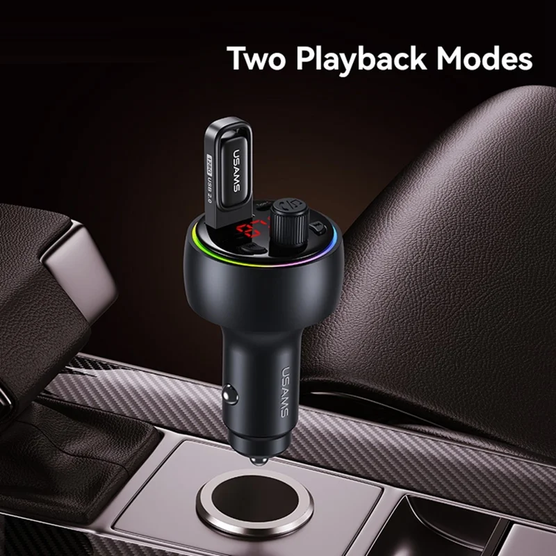 USAMS CC328 30W USB-A + Type-C Carregador para Carro com Visor Digital Bluetooth FM com Luz Ambiente RGB - Tarnish