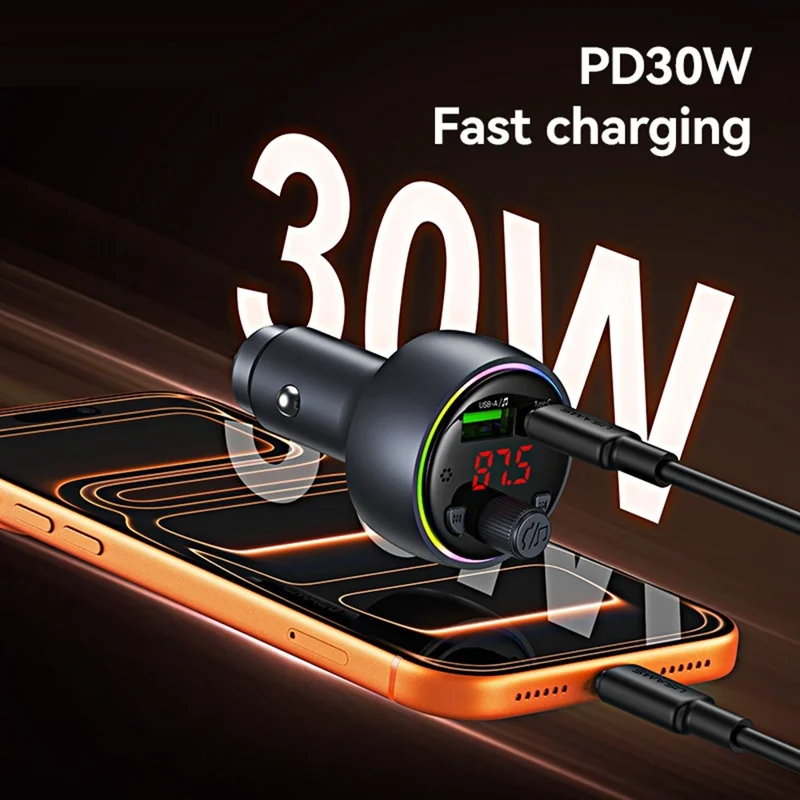 USAMS CC328 30W USB-A + Type-C Carregador para Carro com Visor Digital Bluetooth FM com Luz Ambiente RGB - Tarnish