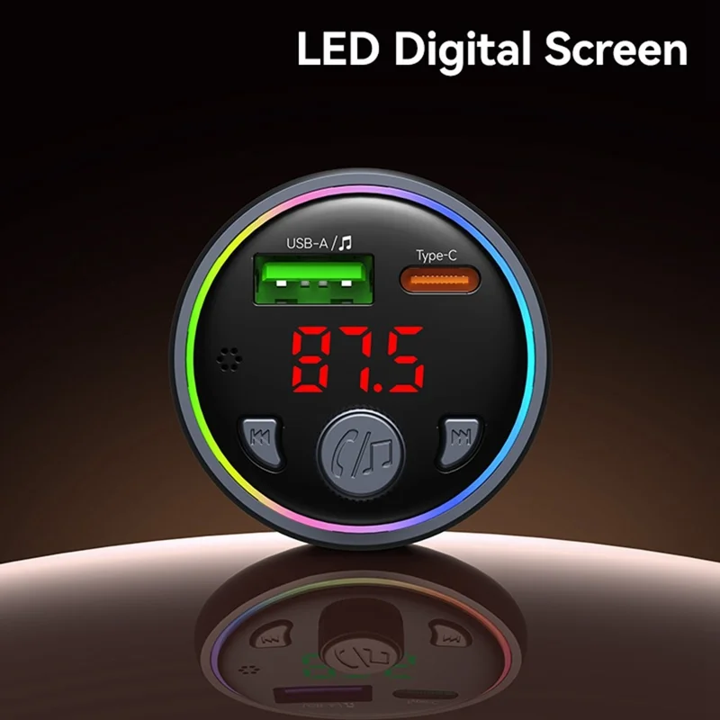 USAMS CC328 30W USB-A + Type-C Carregador para Carro com Visor Digital Bluetooth FM com Luz Ambiente RGB - Tarnish