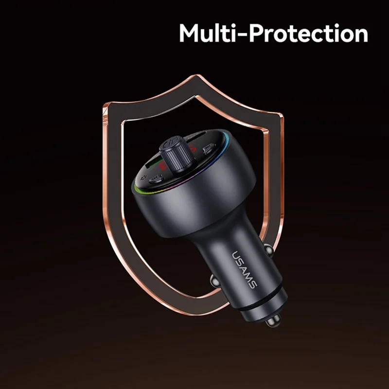 USAMS CC328 30W USB-A + Type-C Carregador para Carro com Visor Digital Bluetooth FM com Luz Ambiente RGB - Tarnish