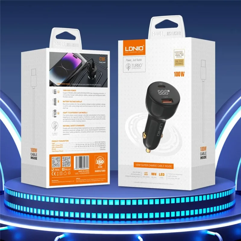 LDNIO C101 100W Kfz-Ladegerät LED-Anzeige Dual-Port USB-A Typ-C PD QC3.0 Schnellladeadapter - Schwarz