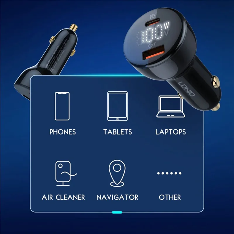 LDNIO C101 100W Kfz-Ladegerät LED-Anzeige Dual-Port USB-A Typ-C PD QC3.0 Schnellladeadapter - Schwarz