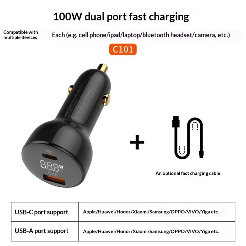 LDNIO C101 100W Kfz-Ladegerät LED-Anzeige Dual-Port USB-A Typ-C PD QC3.0 Schnellladeadapter - Schwarz