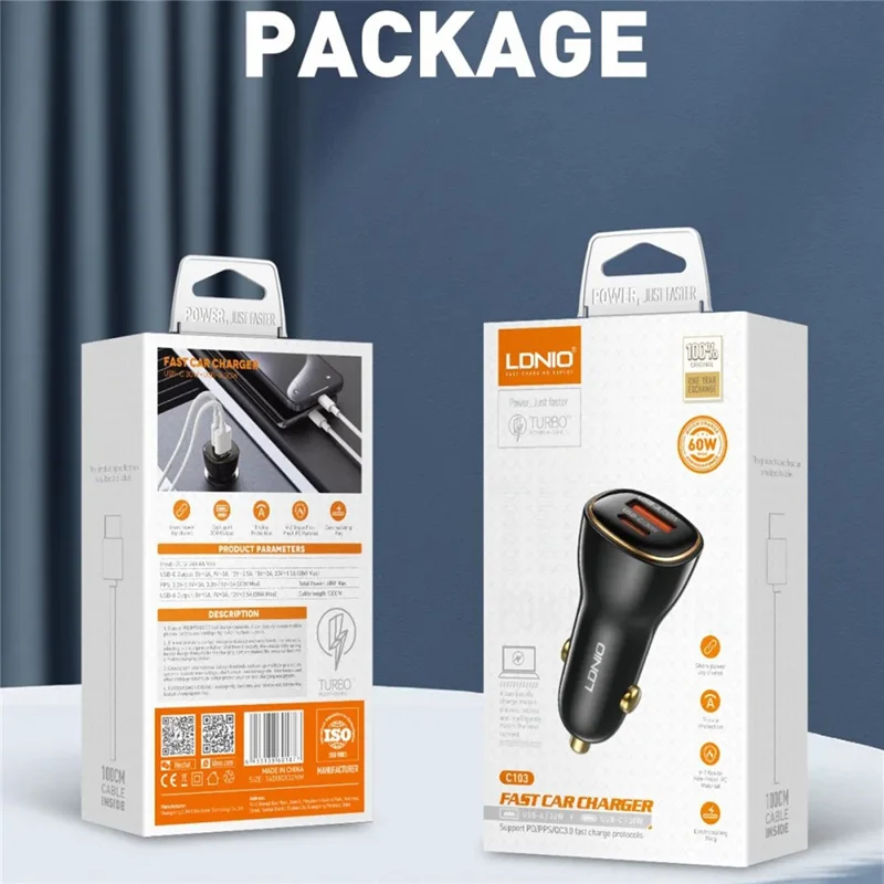 LDNIO C103 60W Dual Port Car Charger PD 30W+QC 30W PPS Fast Charging Car Adapter for Phone Tablet - Bla