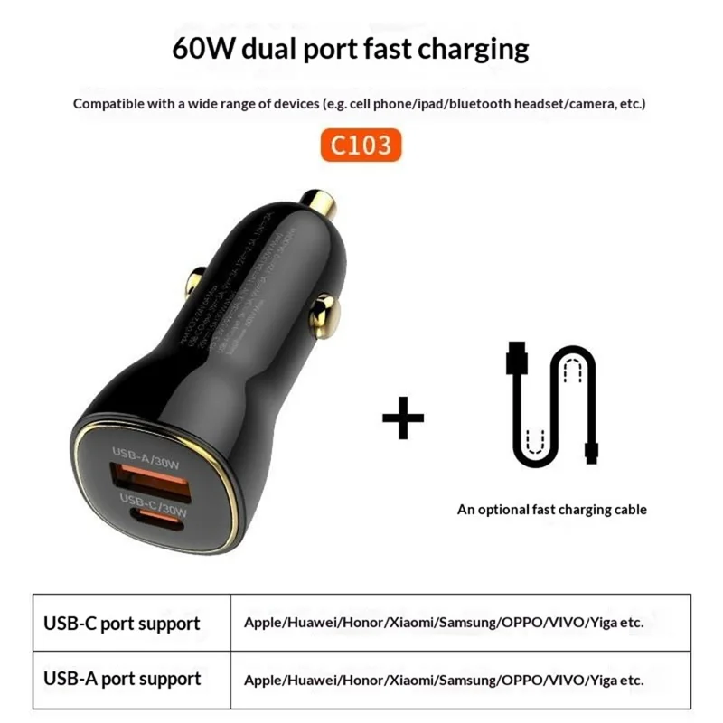 LDNIO C103 60W Dual Port Car Charger PD 30W+QC 30W PPS Fast Charging Car Adapter for Phone Tablet - Bla