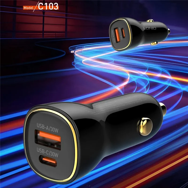LDNIO C103 60W Dual Port Car Charger PD 30W+QC 30W PPS Fast Charging Car Adapter for Phone Tablet - Bla