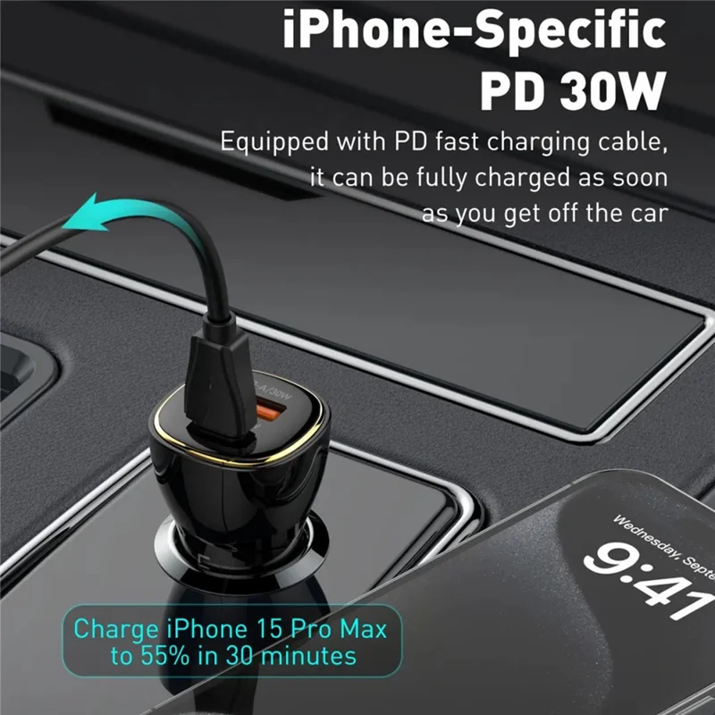 LDNIO C103 60W Dual Port Car Charger PD 30W+QC 30W PPS Fast Charging Car Adapter for Phone Tablet - Bla