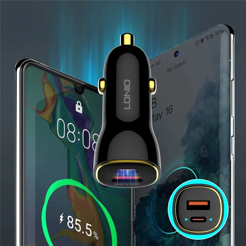 LDNIO C103 60W Dual Port Car Charger PD 30W+QC 30W PPS Fast Charging Car Adapter for Phone Tablet - Bla