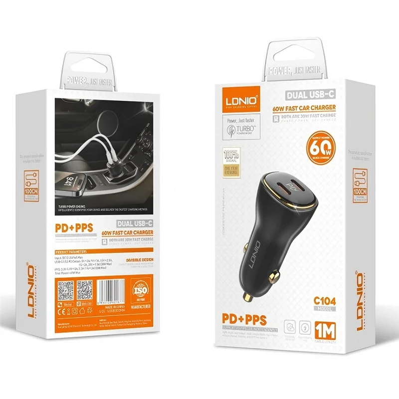 LDNIO C104 60W Dual USB-C Kfz-Ladegerät PD30W + PPS Schnellladegerät für iPhone Samsung – Schwarz
