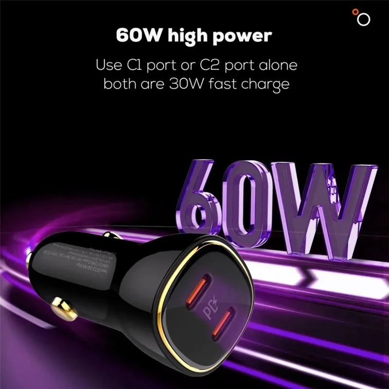 LDNIO C104 60W Dual USB-C Kfz-Ladegerät PD30W + PPS Schnellladegerät für iPhone Samsung – Schwarz