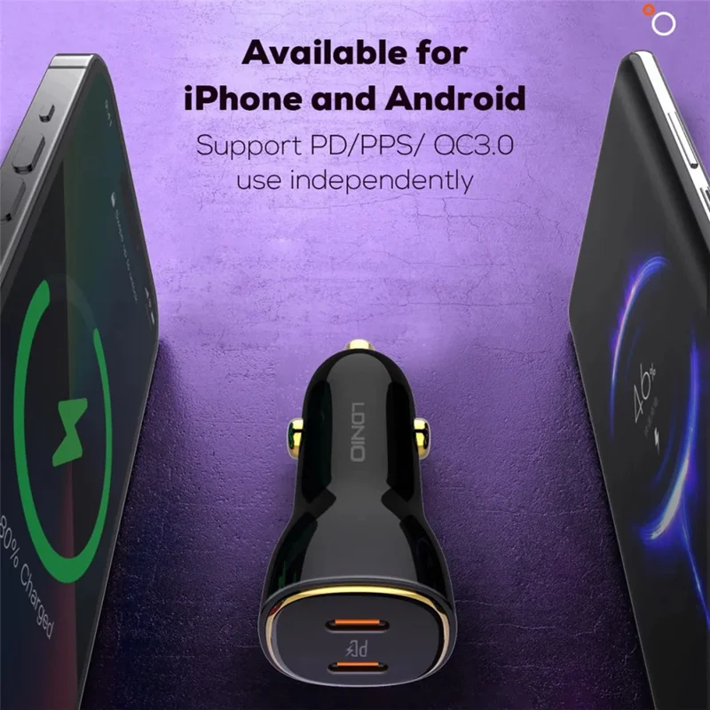 LDNIO C104 60W Dual USB-C Kfz-Ladegerät PD30W + PPS Schnellladegerät für iPhone Samsung – Schwarz