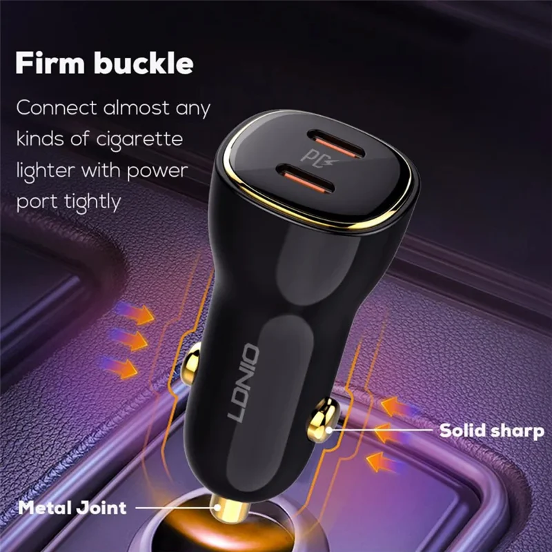 LDNIO C104 60W Dual USB-C Kfz-Ladegerät PD30W + PPS Schnellladegerät für iPhone Samsung – Schwarz