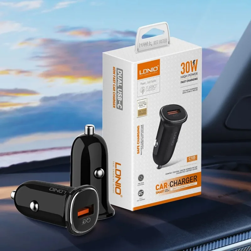 LDNIO C105 30W Auto-Ladegerät, einseitiger USB-A-Anschluss, QC3.0-Schnellladung, kompaktes Mini-Auto-Adapter für Handy – Schwarz