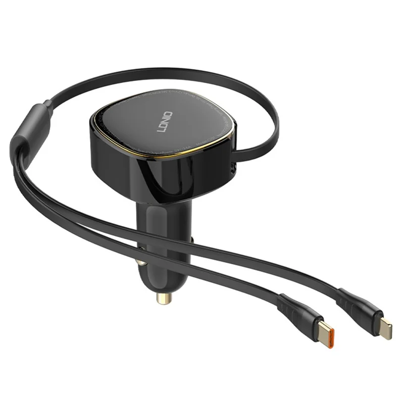 LDNIO C107 30W Car Charger PD QC Fast Charging Car Adapter with Retractable iP (5-14) & Type-C Cable - Black