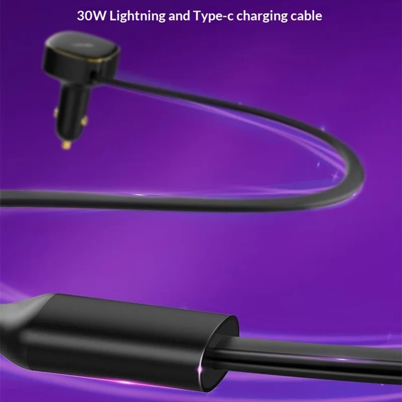 LDNIO C107 30W Car Charger PD QC Fast Charging Car Adapter with Retractable iP (5-14) & Type-C Cable - Black