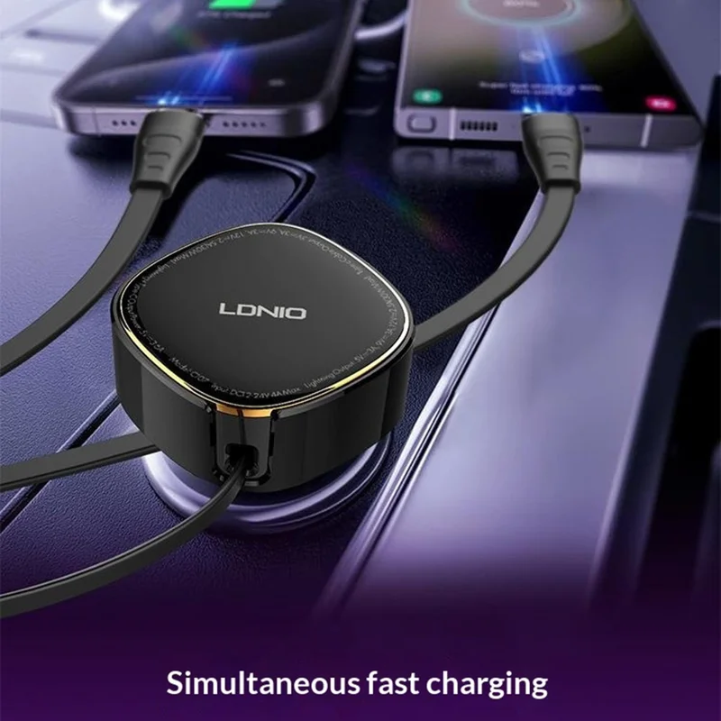 LDNIO C107 30W Car Charger PD QC Fast Charging Car Adapter with Retractable iP (5-14) & Type-C Cable - Black
